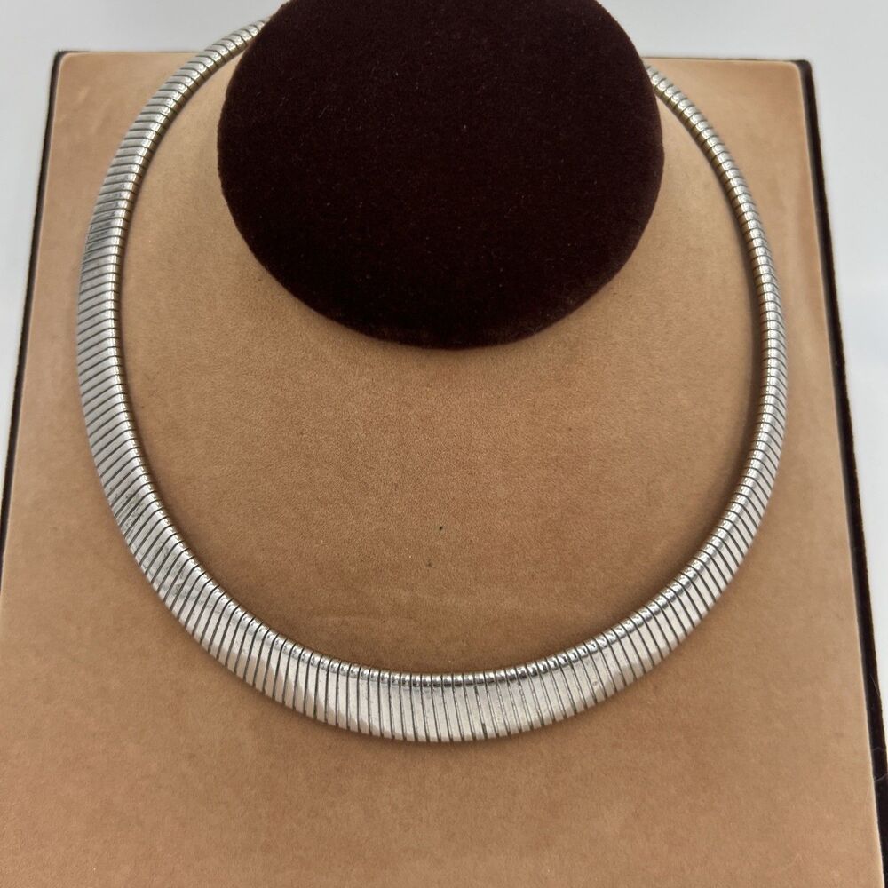 Vtg Monet Silver Tone Choker Omega Flex Collar Necklace Ribbed Tubogas Style 17"